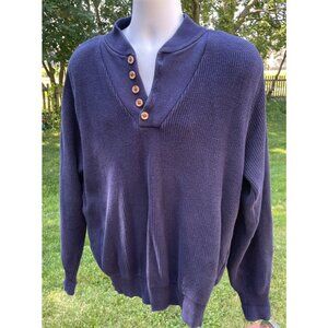 Mens Lands End Navy Long Sleeve Cotton Henley Sweater Size L Made In USA
